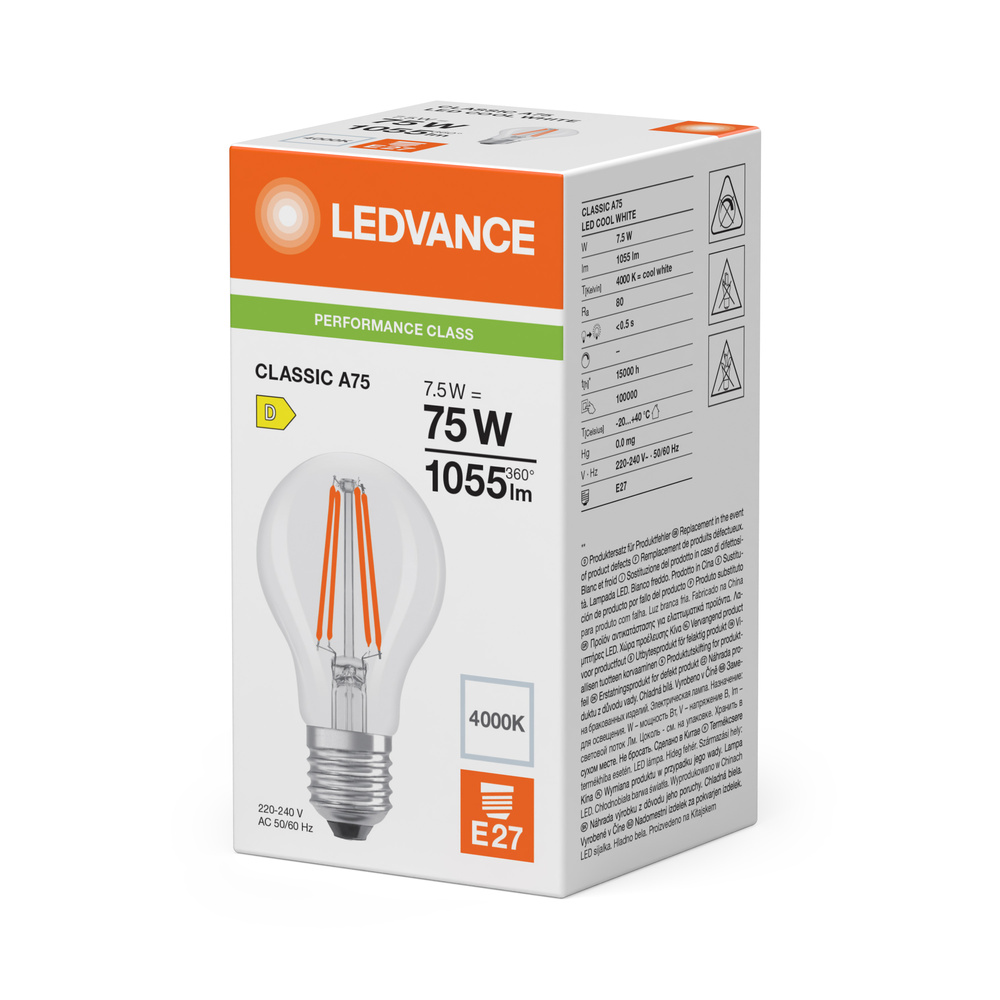 LED žárovka LEDVANCE LED CLA75 7.5W 840 FILCL E27 P, čiřá