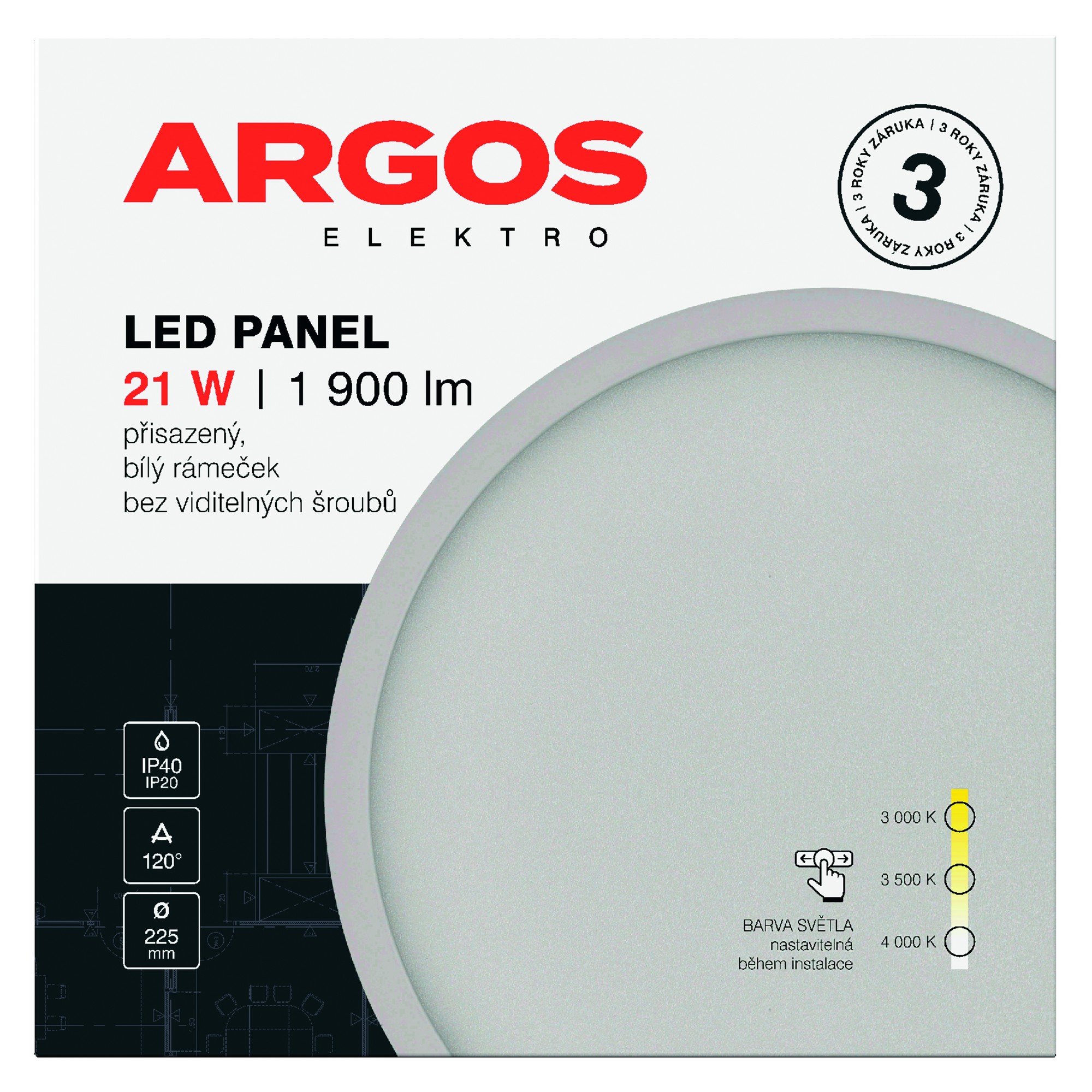 LED svítidlo přisazené ARGOS 21W, 1900lm, IP40/20, CCT, kruhové, bílé