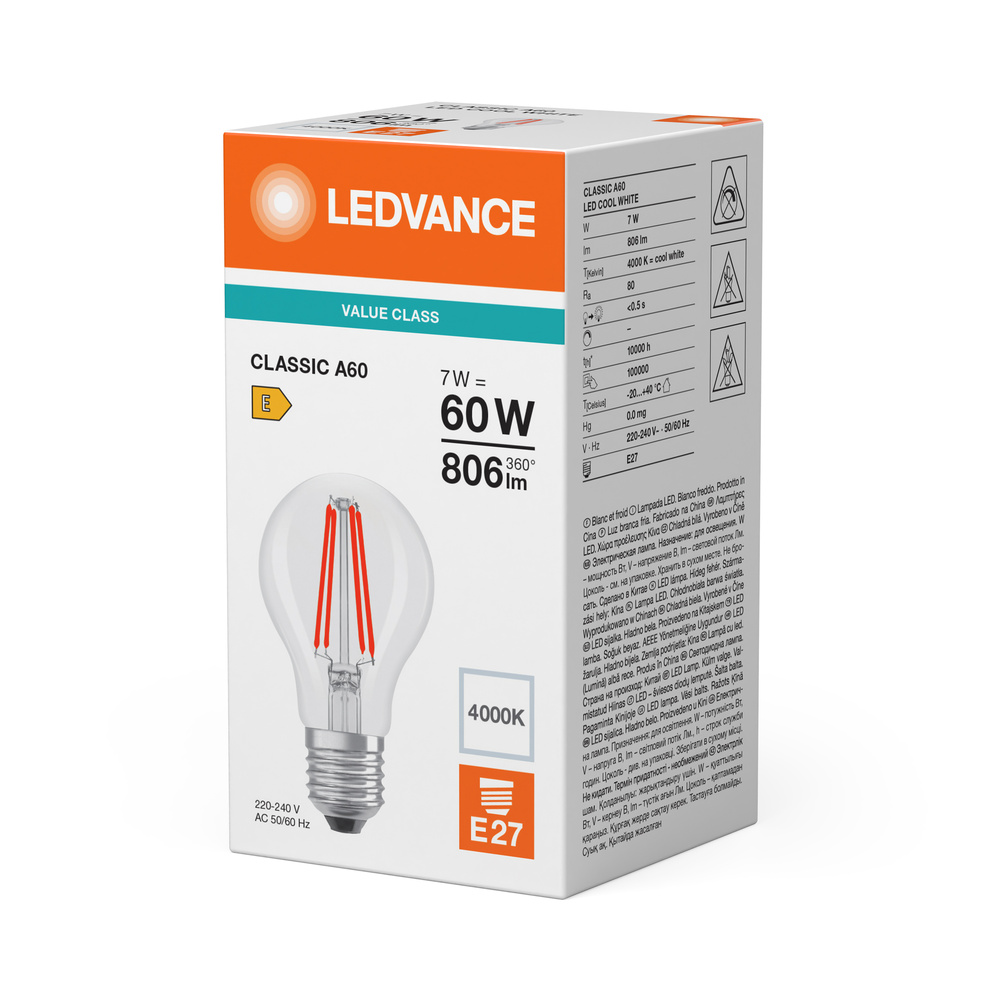 LED žárovka LEDVANCE LED CLA60 7W 840  FILCL  E27 V