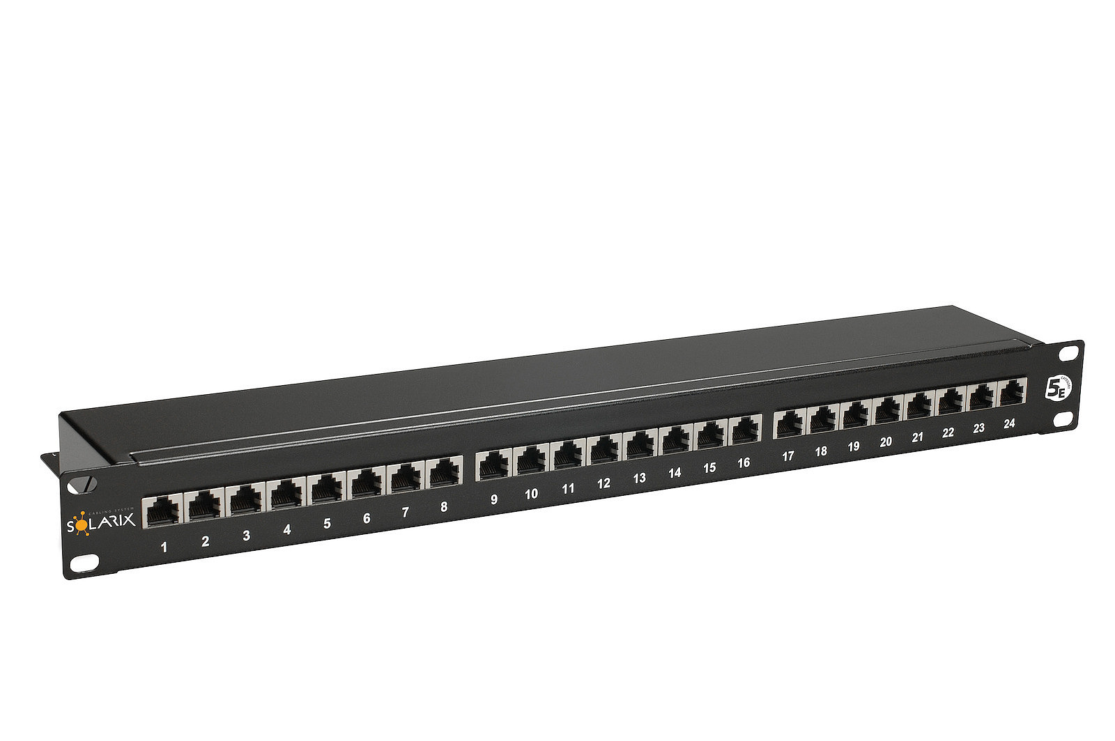 Patch panel SOLARIX SX24-5E-STP-BK-N, 19", CAT5E, STP, 24x RJ45, 1U, černá