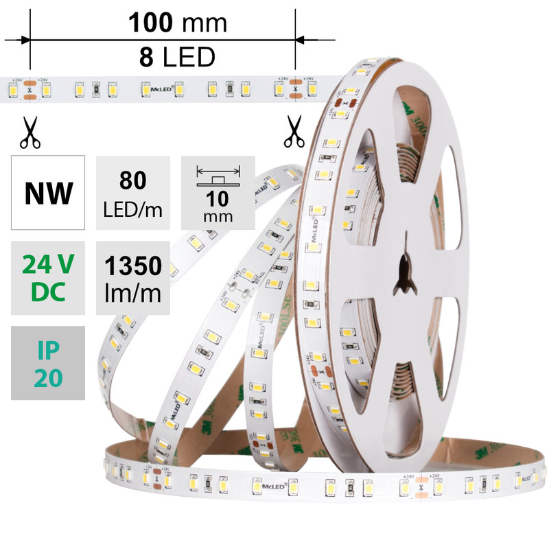 LED pásek MC LED SMD2835 NW, 80LED/m, 7,2W/m, DC 24V, 1350lm/m, CRI90, IP20, 10mm, 5m
