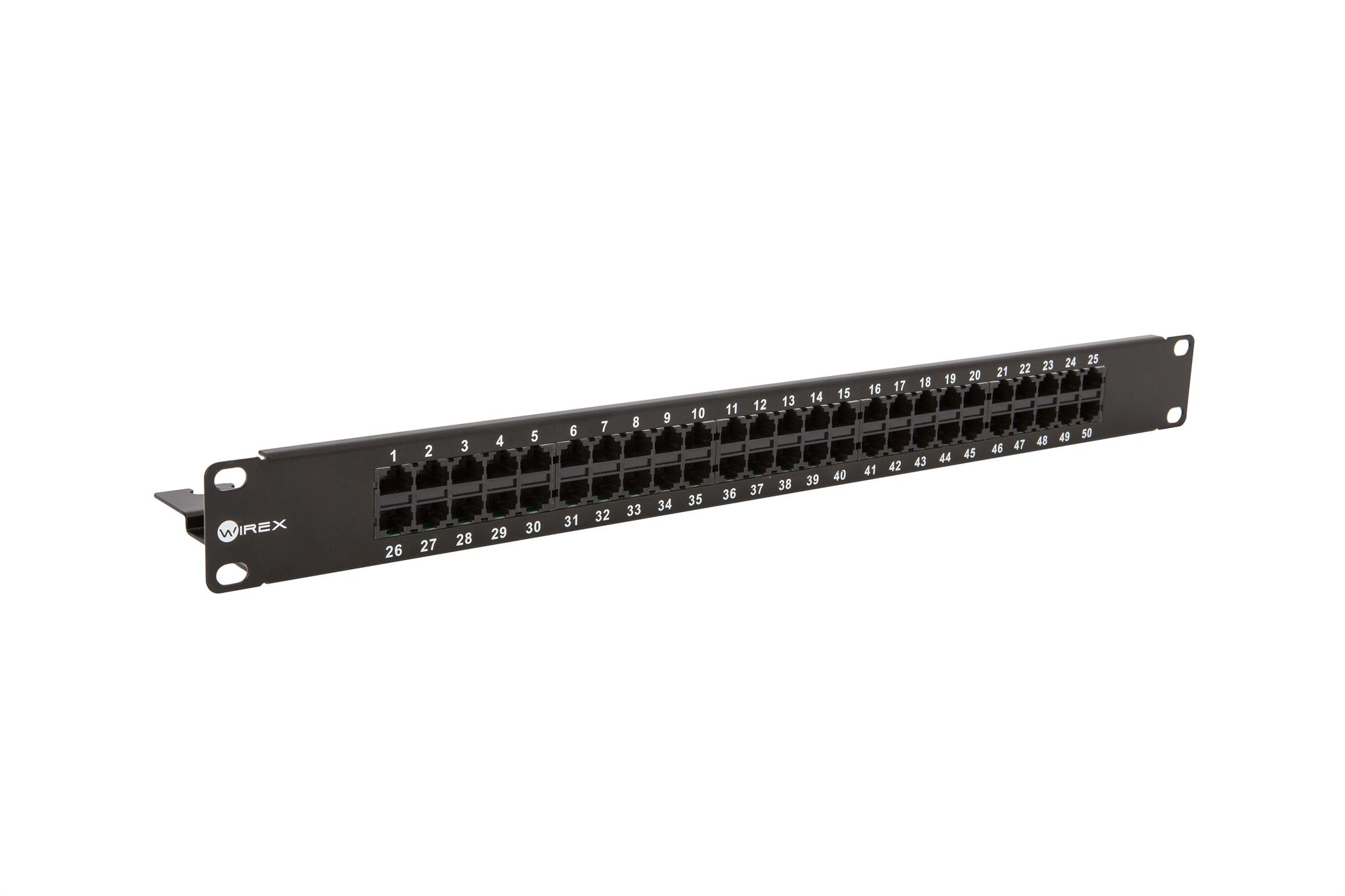 Patch panel WIREX WPP-ISDN-50-1-BL, 19", ISDN, 50xRJ45, 1U, vyvazovací lišta, černá
