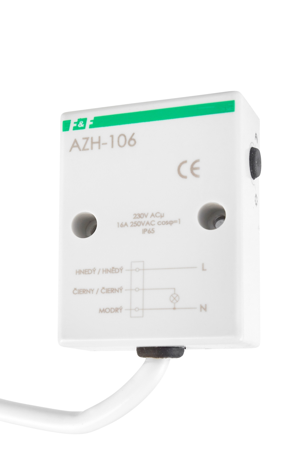 Spínač soumrakový F&F AZH-106 1601002, 2-1000lux, 16A, 230V, IP65, šedý, na povrch