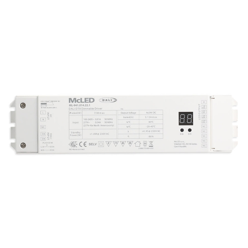 MC LED Napájecí zdroj 75W, DC 24V, IP20, řízení DALI2 a tlačítko, 4 CH, DT8
