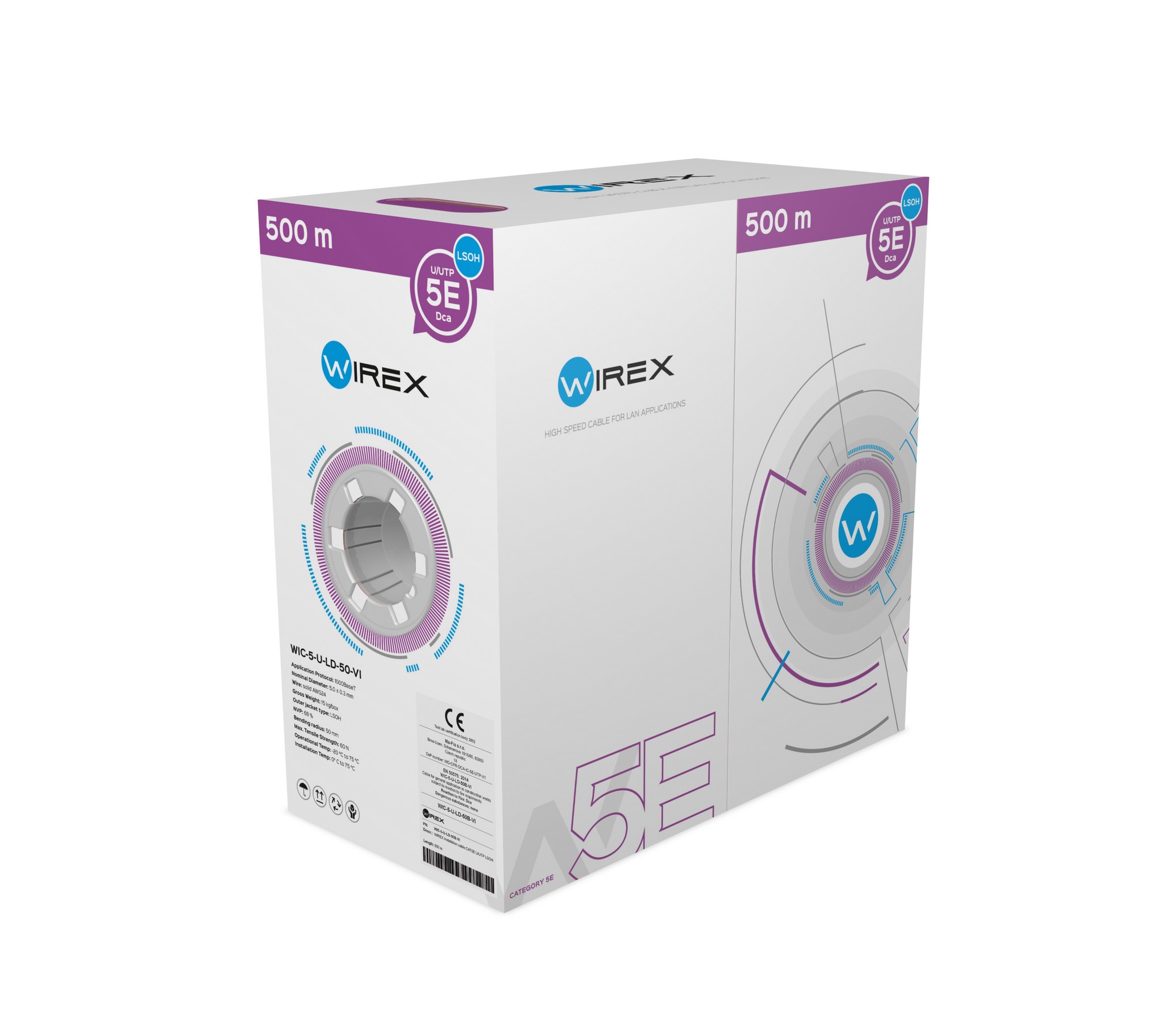 Kabel datový WIREX WIC-5-U-LD-50B-VI, CAT5E, U/UTP, LSOH, Dca, 500 m, fialová