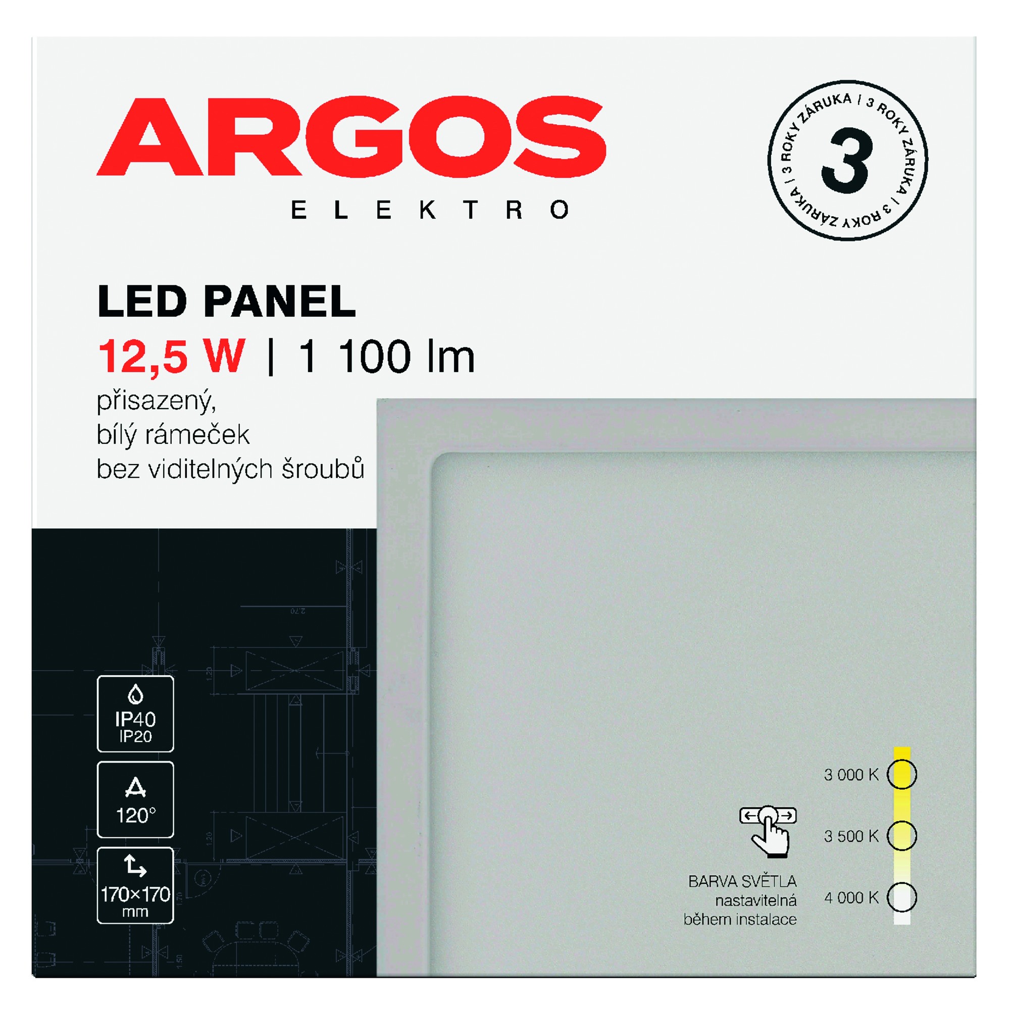 LED svítidlo přisazené ARGOS 12,5W, 1100lm, IP40/20, CCT, čtvercové, bílé