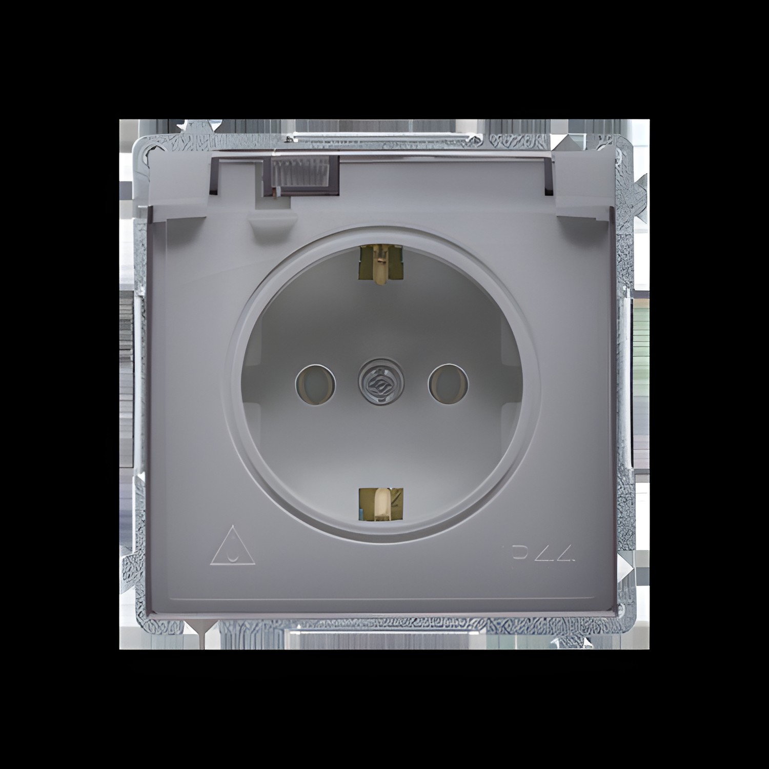Zásuvka Schuko SIMON BASIC BMGSZ1BZ.01/43A, 1 nás., IP44, cl., průhl. víčko, 16A/250V~, šr. sv., stř