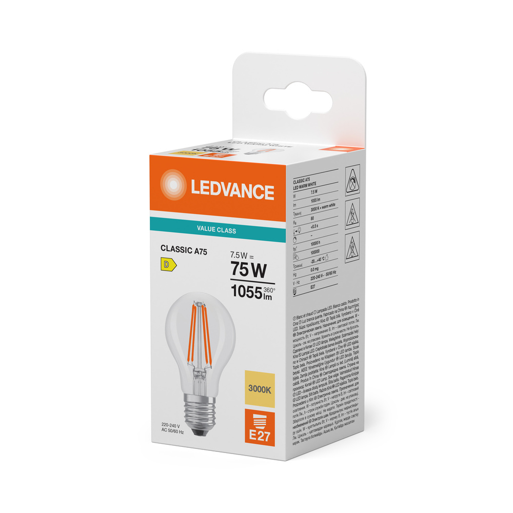LED žárovka LEDVANCE LED CLA75 7.5W 830 FILCL E27 V