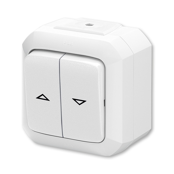 Spínač žaluziový ABB Variant 3558N-C89510 B, řazení 1+1 s blokováním, bílá, IP54, s krytem