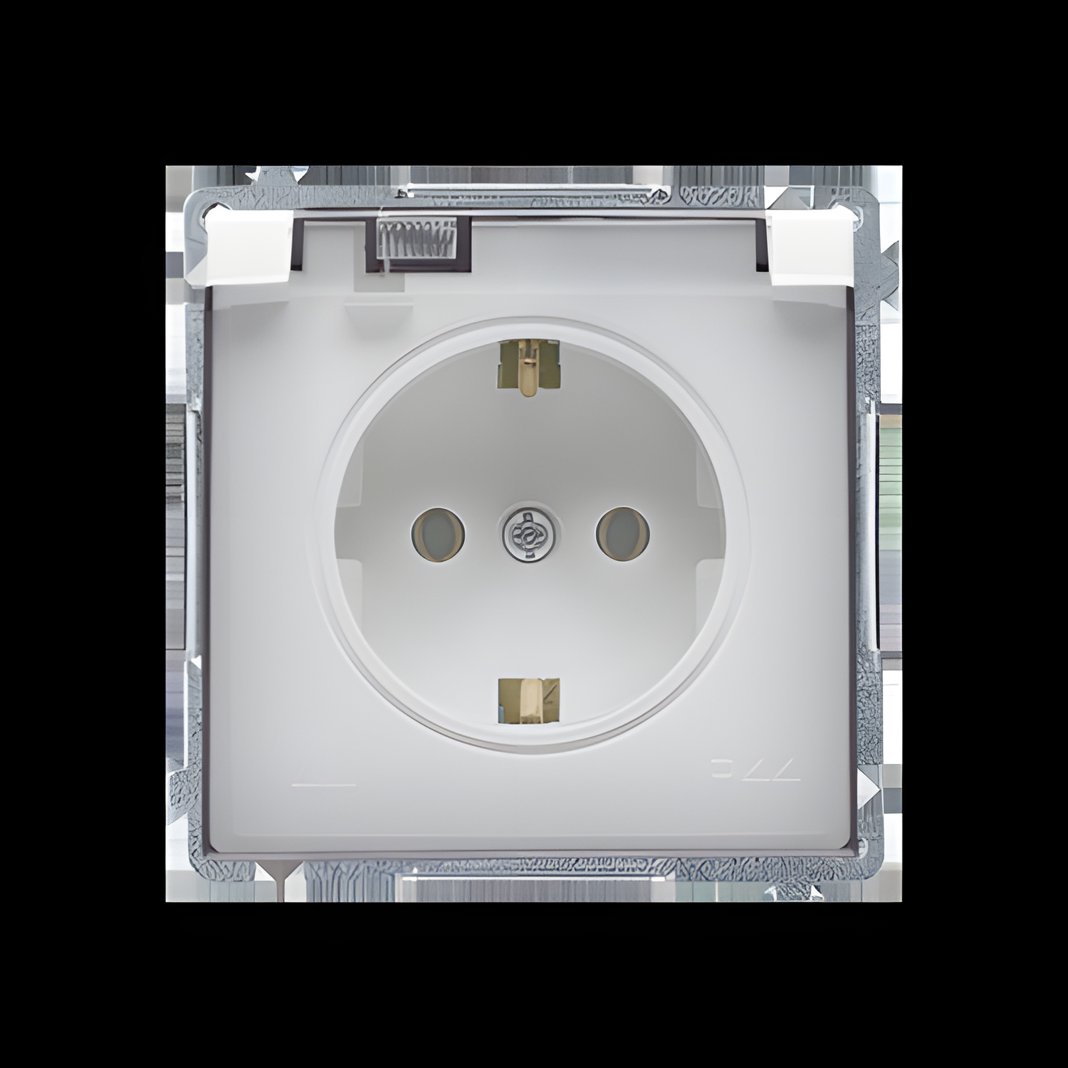 Zásuvka Schuko SIMON BASIC BMGSZ1B.01/11A, 1 nás., IP44, průhl. víčko, 16A/250V~, šr. sv., bílá