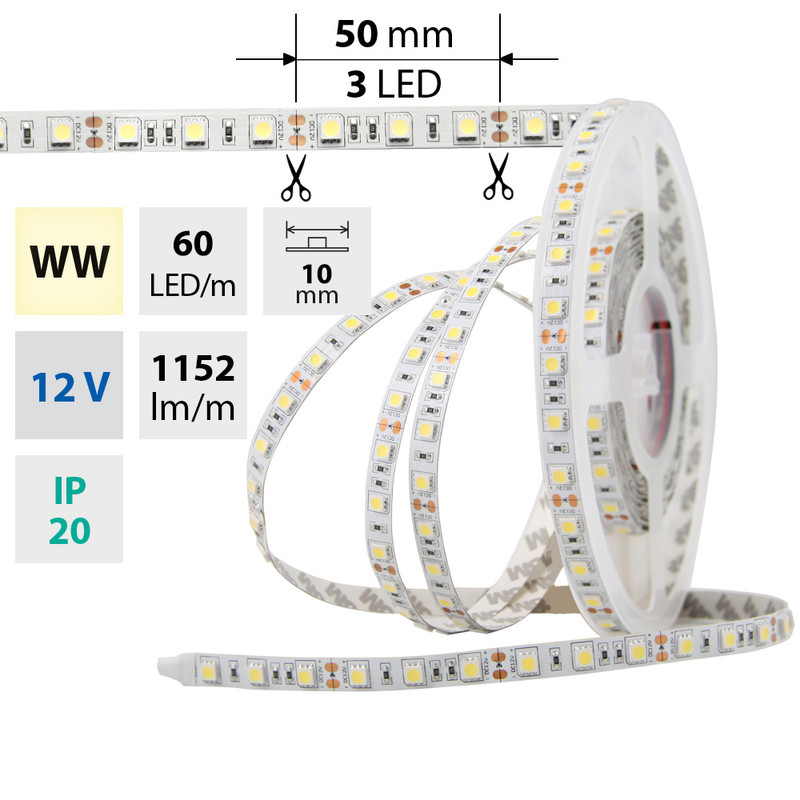 LED pásek MC LED SMD5050 WW, 60LED/m, 14,4W/m, DC 12V, 1152lm/m, IP20, 10mm, 5m