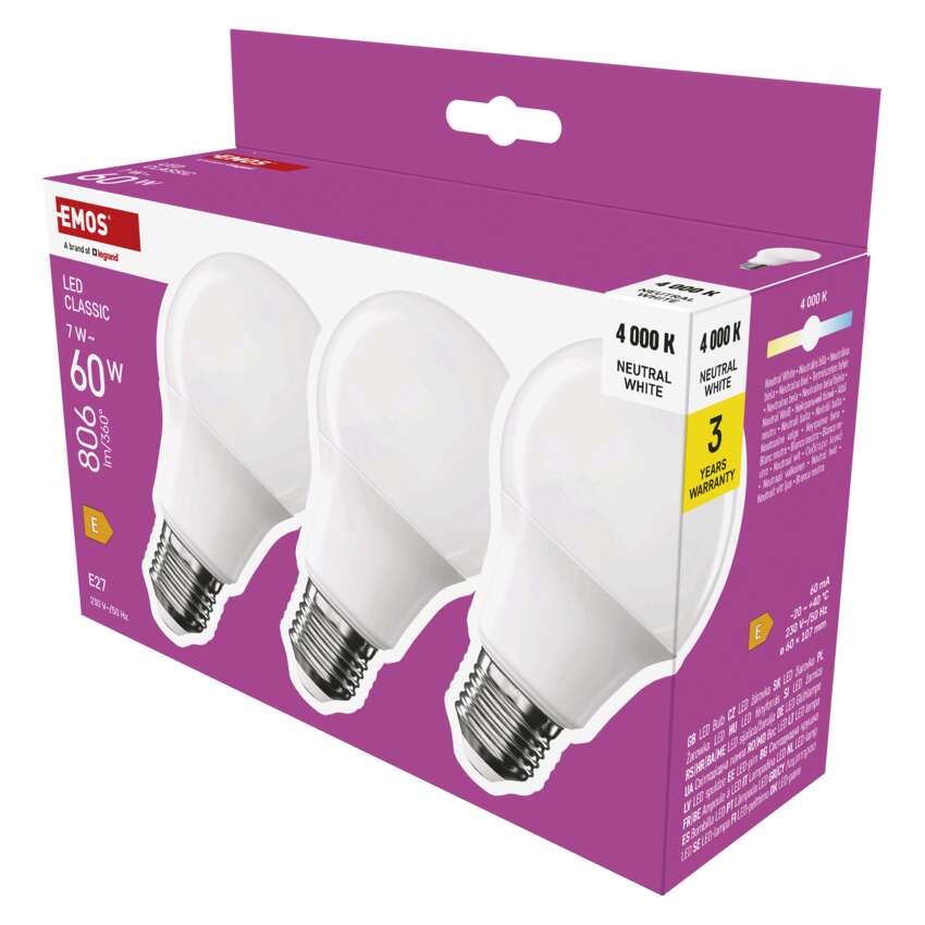 EMOS ZQ5E43.3 LED CLS A60 7W(60W) 806lm E27 NW 3PC