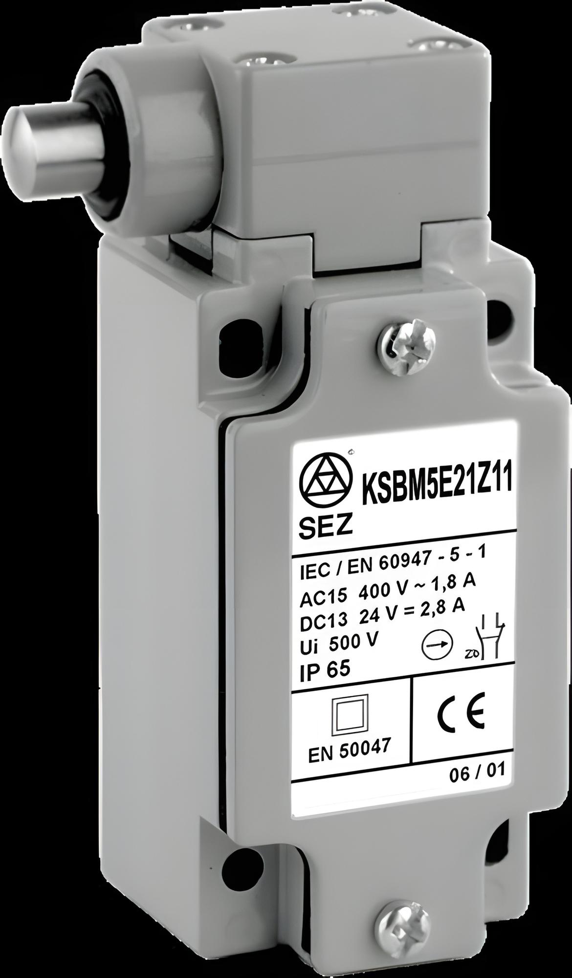 SEZ KSBM5E21Y11 Koncový spínač kovový s nerezovým bočním čepem, šířka 40 mm