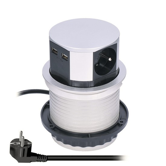 Zásuvka výsuvná kruhová Solight, 3× 230 V, 2× USB, stříbrná