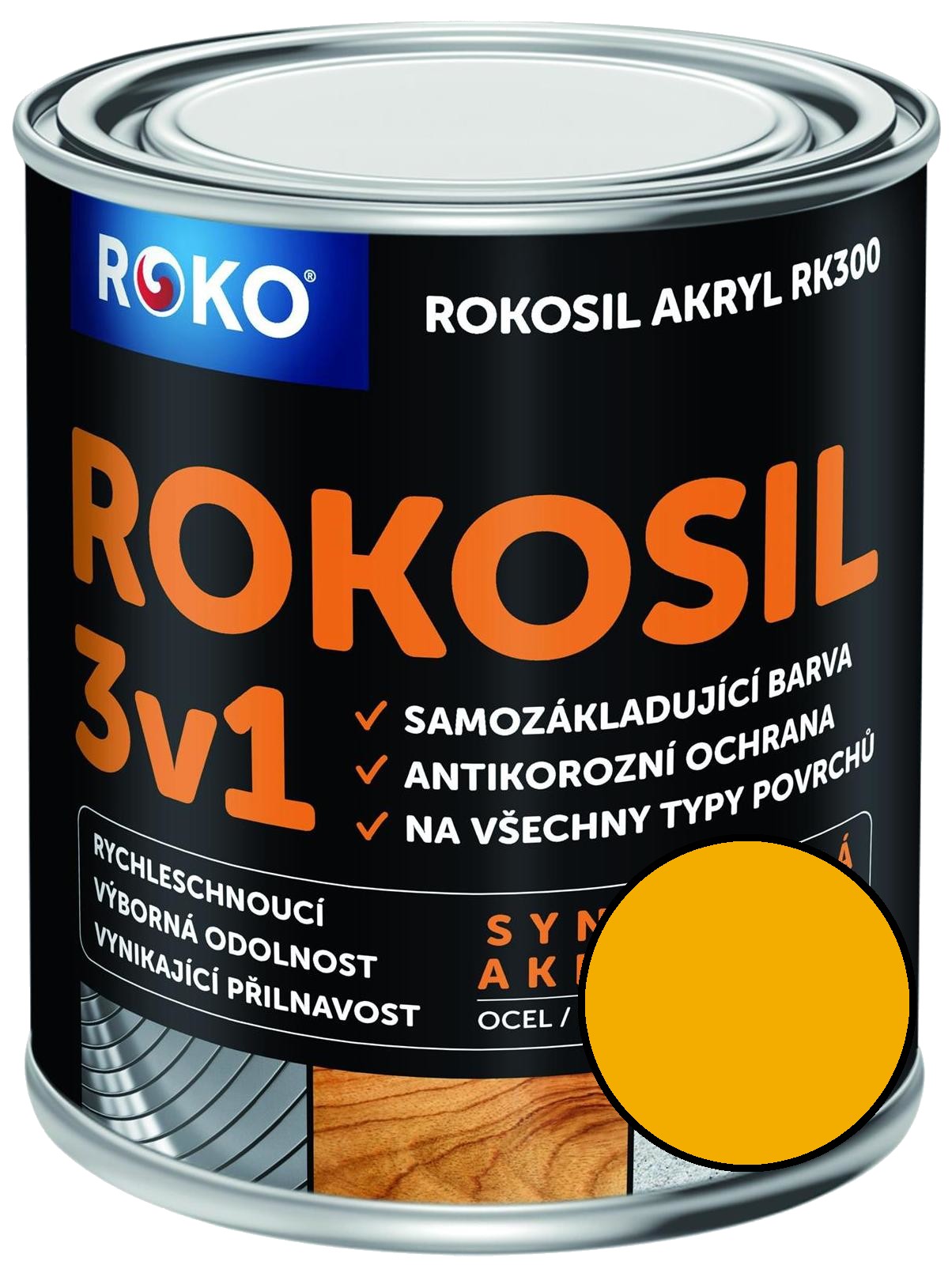 Barva samozákladující Rokosil akryl 3v1 RK 300 6200 žlutá světlá, 0,6 l