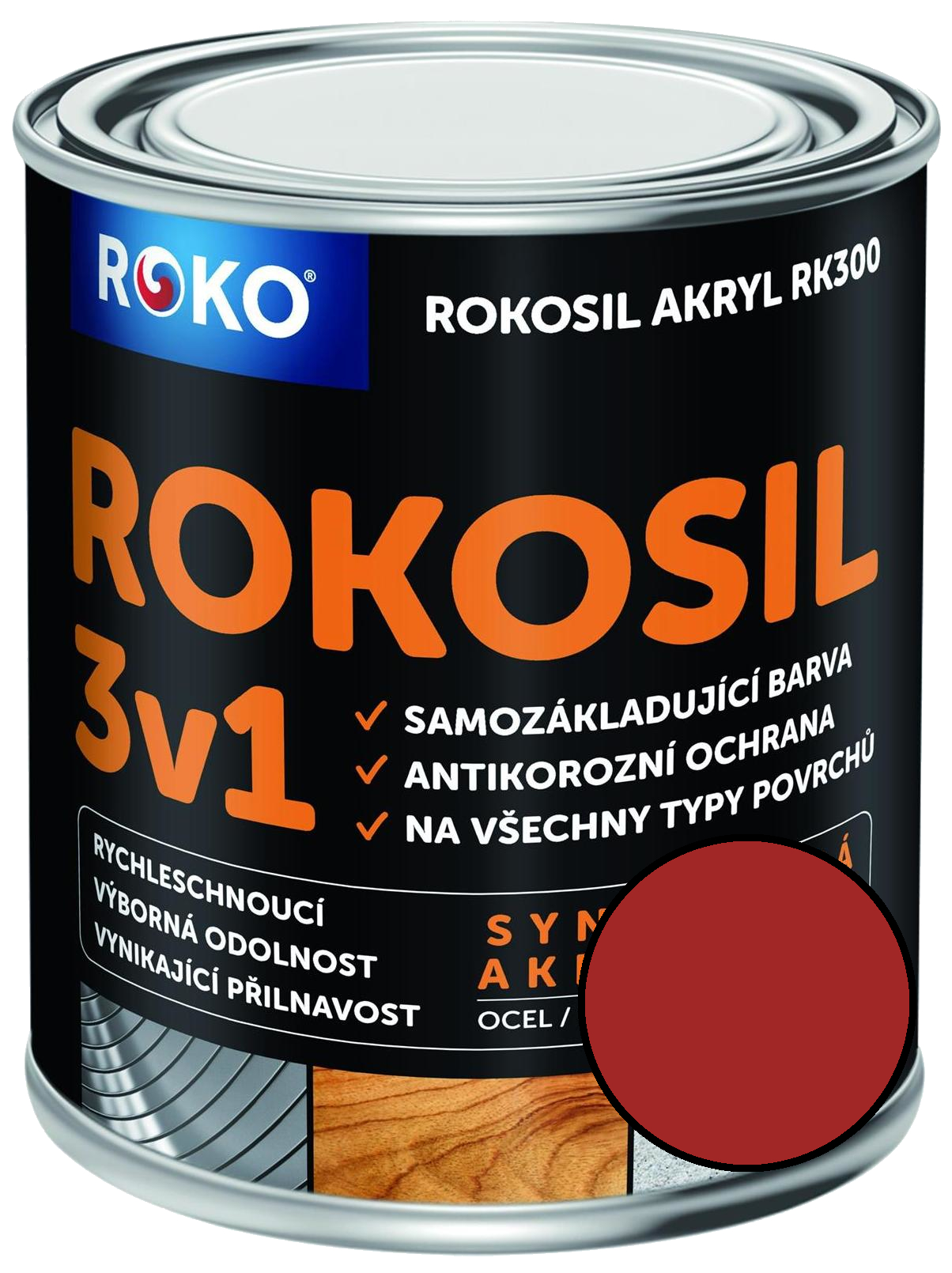 Barva samozákladující Rokosil akryl 3v1 RK 300 8190 červená tmavá, 0,6 l