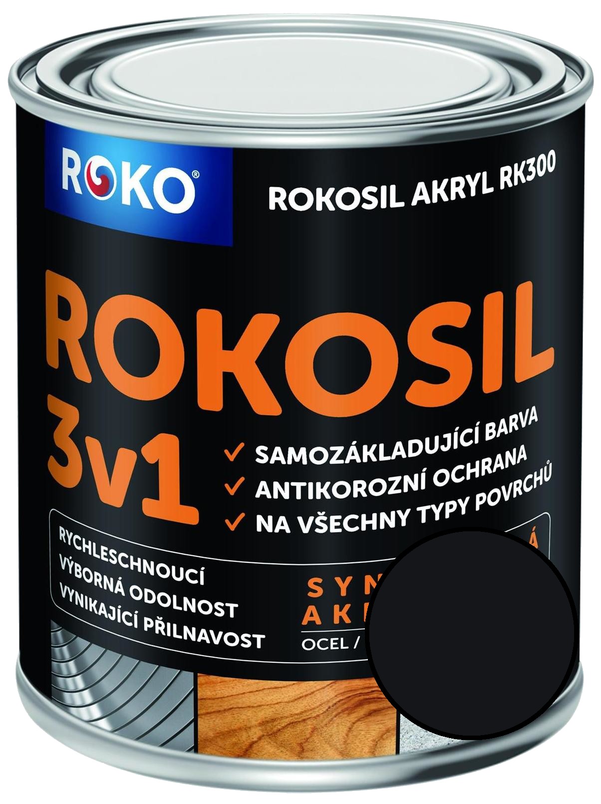 Barva samozákladující Rokosil akryl 3v1 RK 300 1999 černá, 0,6 l