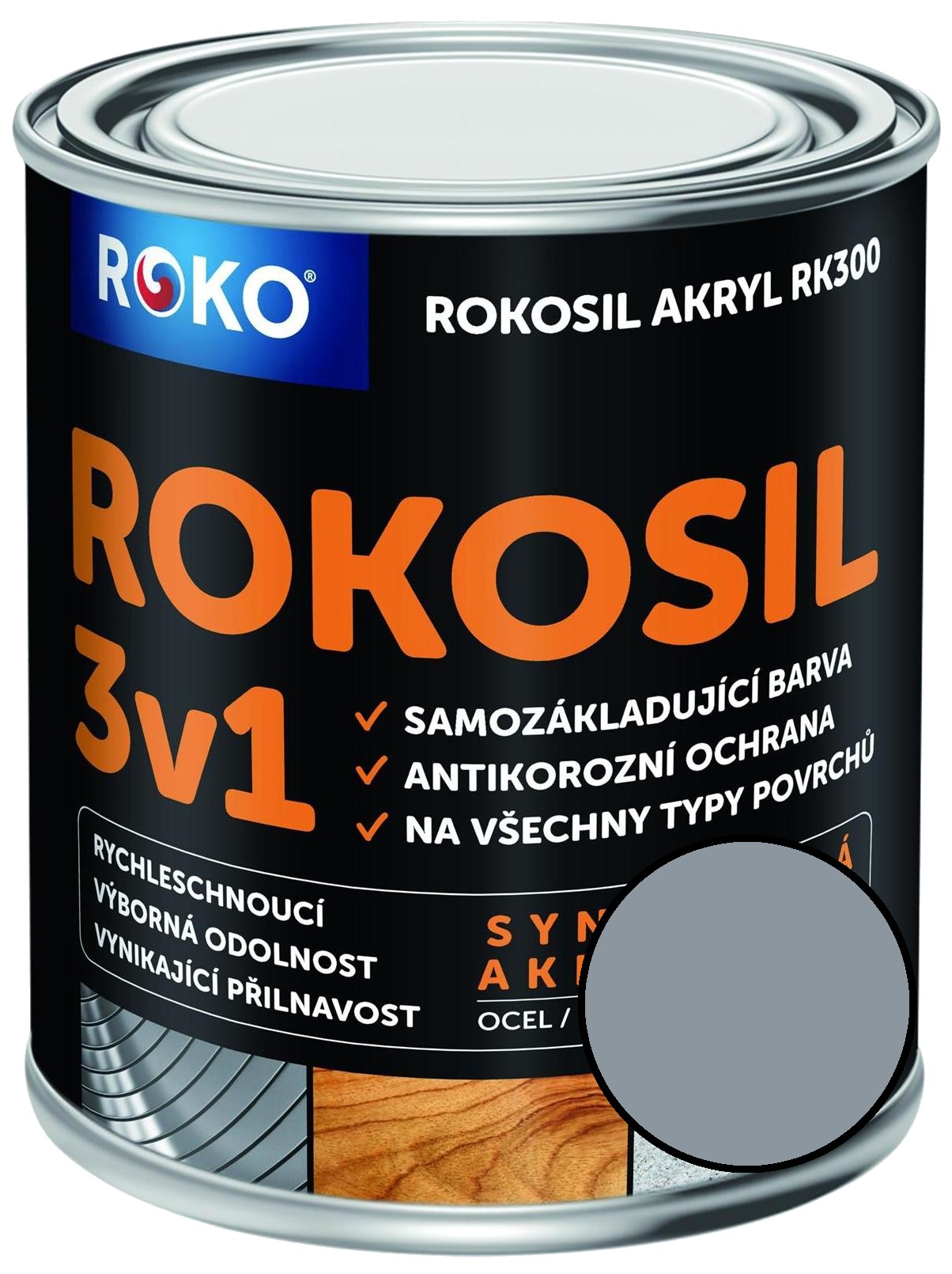 Barva samozákladující Rokosil akryl 3v1 RK 300 1010 šedá pastelová, 0,6 l