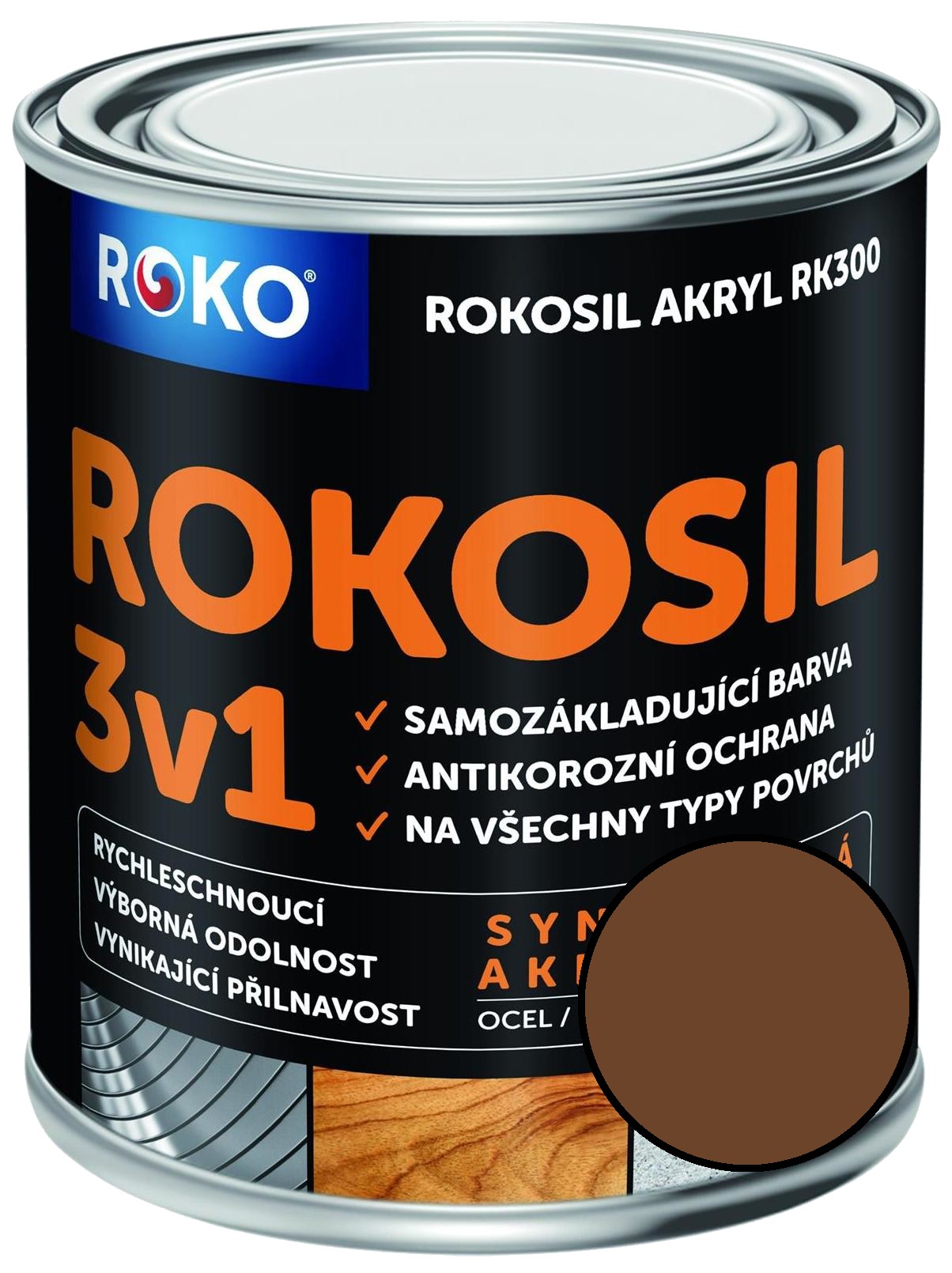 Barva samozákladující Rokosil akryl 3v1 RK 300 2430 hnědá střední, 0,6 l