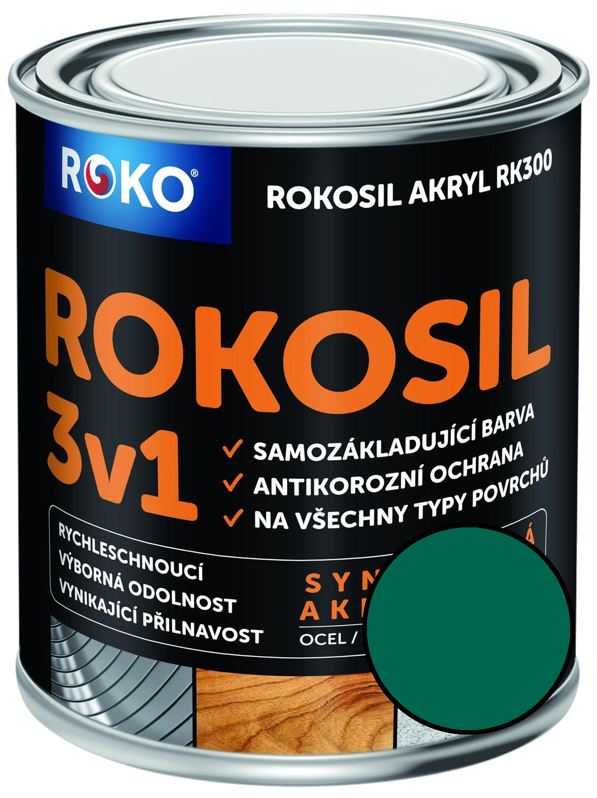 Barva samozákladující Rokosil akryl 3v1 RK 300 5400 zelená tmavá, 3 l