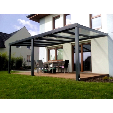 Sestava pro montáž hliníkové pergoly antracit 7016 PC 16 BOX 3 WALL čirá 5×3,5 m