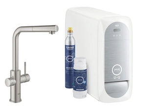 Baterie dřezová stojánková Grohe Blue Home s chladícím zařízením a filtrací, výpusť L vytahov SuperSteel