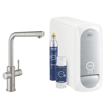 Baterie dřezová stojánková Grohe Blue Home s chladícím zařízením a filtrací, výpusť L vytahov SuperSteel