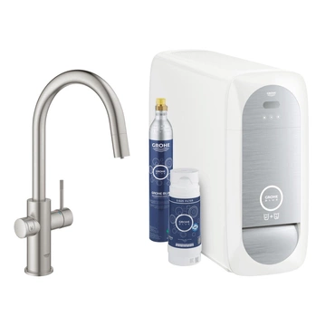 Baterie dřezová stojánková Grohe Blue Home s chladícím zařízením a filtrací, výpusť C vytahov SuperSteel