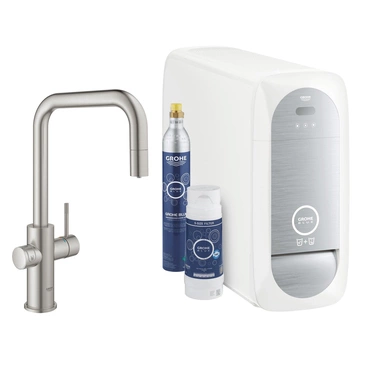 Baterie dřezová stojánková Grohe Blue Home s chladícím zařízením a filtrací, výpusť U vytahov SuperSteel