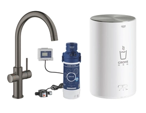 Baterie dřezová stojánková Grohe Red Duo s ohřevem vody a filtrací, C- výpusť, vel. M kartáčovaný Hard Graphite