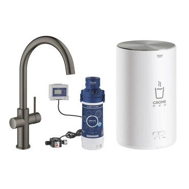 Baterie dřezová stojánková Grohe Red Duo s ohřevem vody a filtrací, C- výpusť, vel. M kartáčovaný Hard Graphite