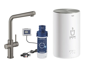 Baterie dřezová stojánková Grohe Red Duo s ohřevem vody a filtrací, L- výpusť, vel. M kartáčovaný Hard Graphite