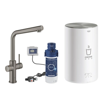 Baterie dřezová stojánková Grohe Red Duo s ohřevem vody a filtrací, L- výpusť, vel. M kartáčovaný Hard Graphite