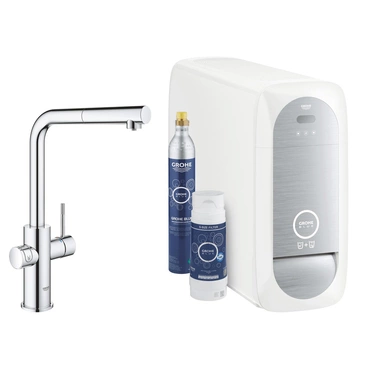 Baterie dřezová stojánková Grohe Blue Home s chladícím zařízením a filtrací, výpusť L vytahov chrom