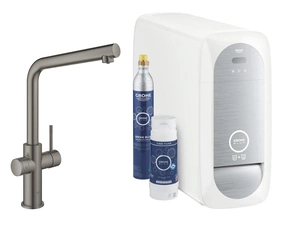 Baterie dřezová stojánková Grohe Blue Home s chladícím zařízením a filtrací, výpusť L kartáčovaný Hard Graphite