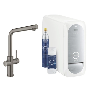 Baterie dřezová stojánková Grohe Blue Home s chladícím zařízením a filtrací, výpusť L kartáčovaný Hard Graphite