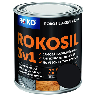 Barva samozákladující Rokosil akryl 3v1 RK 300 1999 černá mat, 3 l