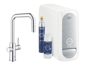 Baterie dřezová stojánková Grohe Blue Home s chladícím zařízením a filtrací, výpusť U vytahov chrom