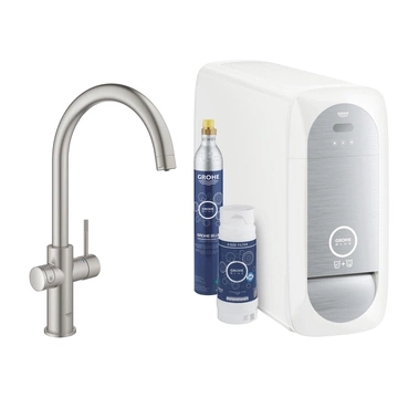 Baterie dřezová stojánková Grohe Blue Home s chladícím zařízením a filtrací, výpusť C SuperSteel