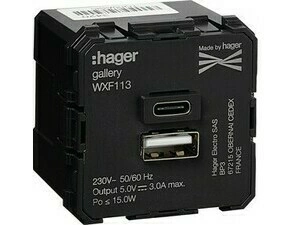 Přístroj zásuvka USB nabíjecí dvojnásobná Hager 45×45 mm 1× USB A, 1× USB C