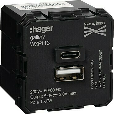 Přístroj zásuvka USB nabíjecí dvojnásobná Hager 45×45 mm 1× USB A, 1× USB C