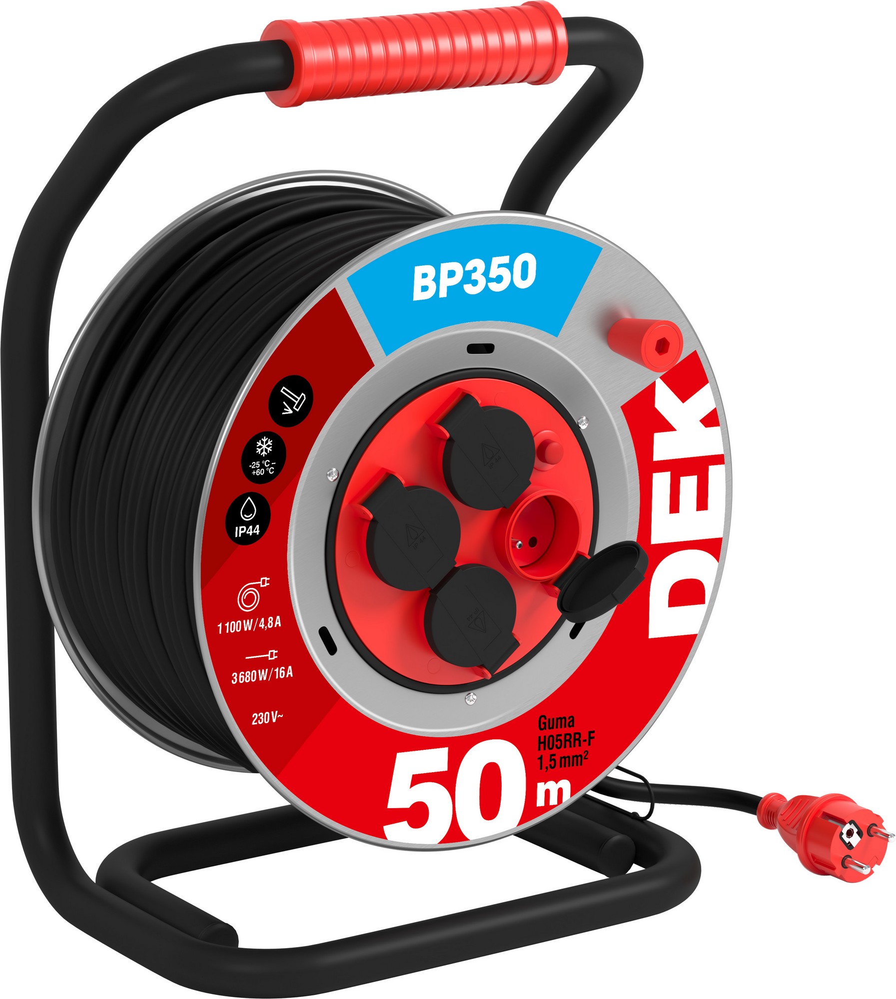 Kabel prodlužovací gumový na bubnu DEK BP350 50 m 1,5 mm2 IP 44