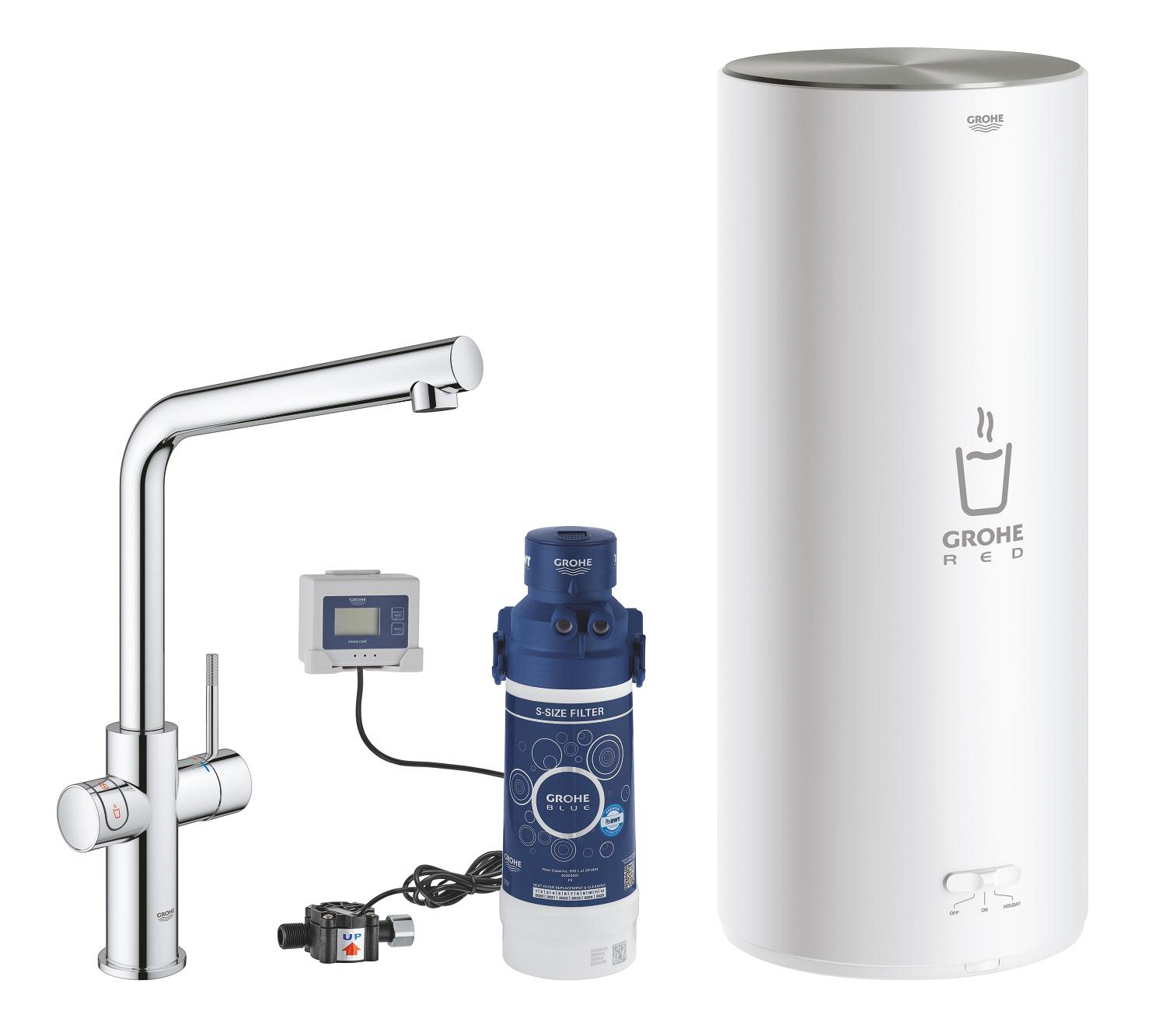 Baterie dřezová stojánková Grohe Red Duo s ohřevem vody a filtrací, L- výpusť, vel. L chrom