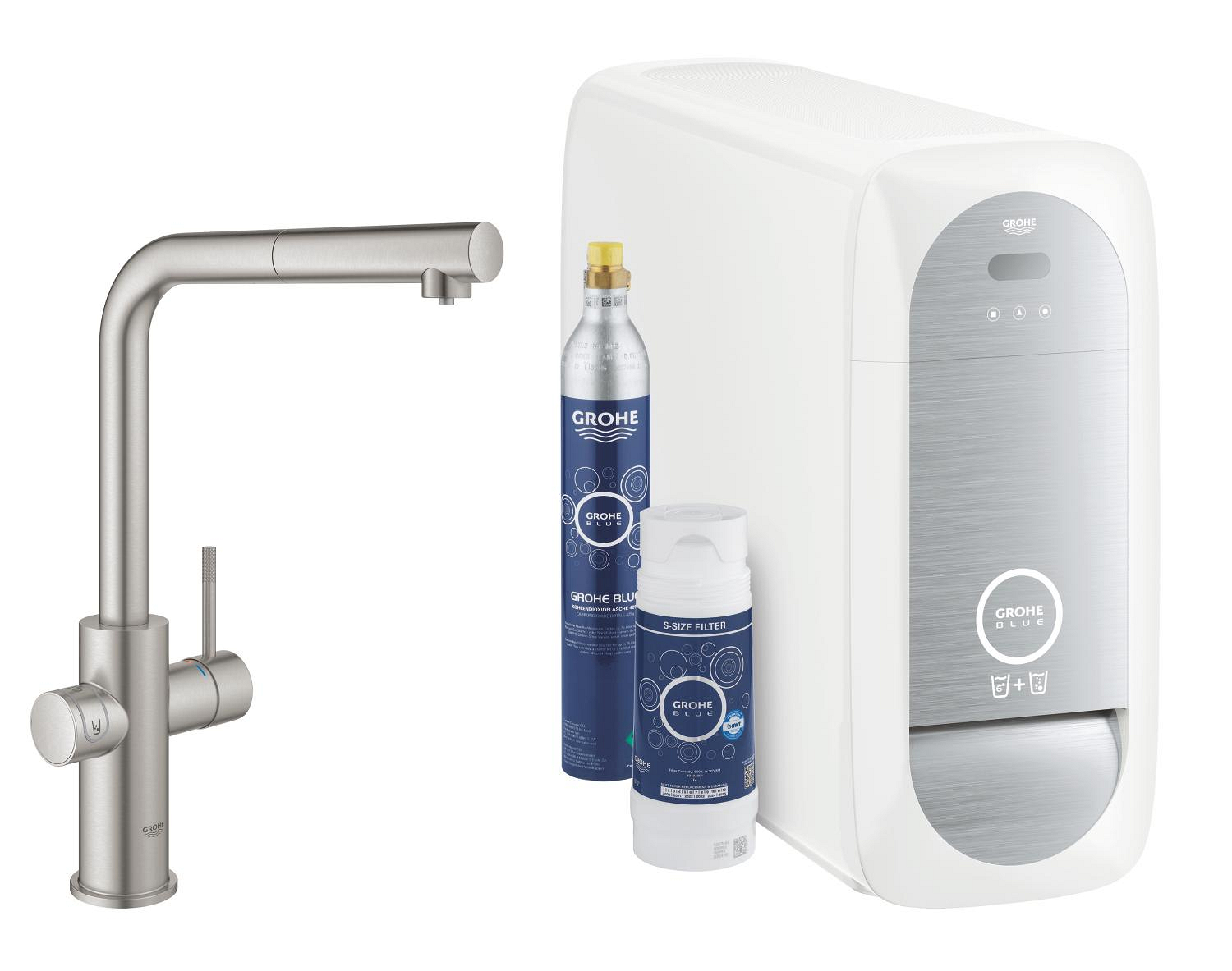 Baterie dřezová stojánková Grohe Blue Home s chladícím zařízením a filtrací, výpusť L vytahov SuperSteel