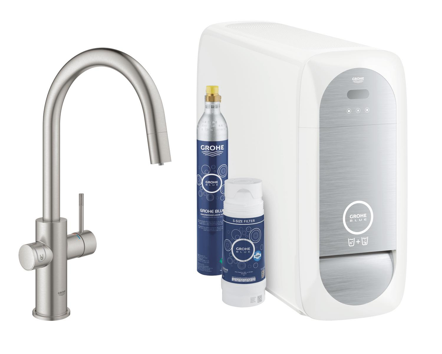 Baterie dřezová stojánková Grohe Blue Home s chladícím zařízením a filtrací, výpusť C vytahov SuperSteel