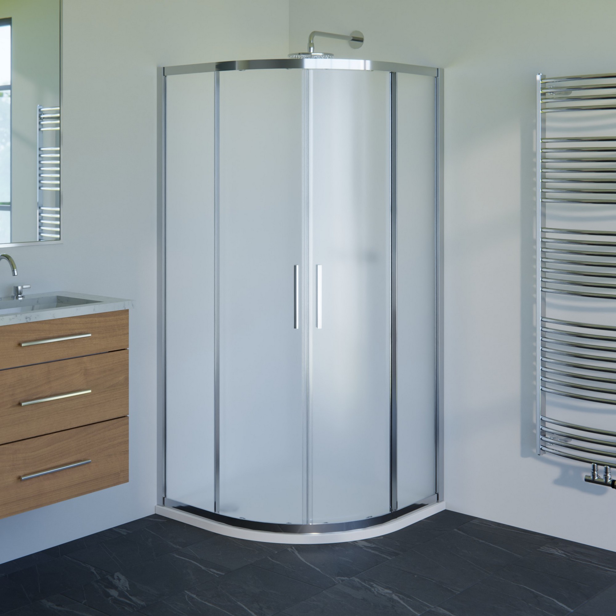Kout sprchový WECCO SHINY 800×800 mm lesklý hliník/matné sklo R550