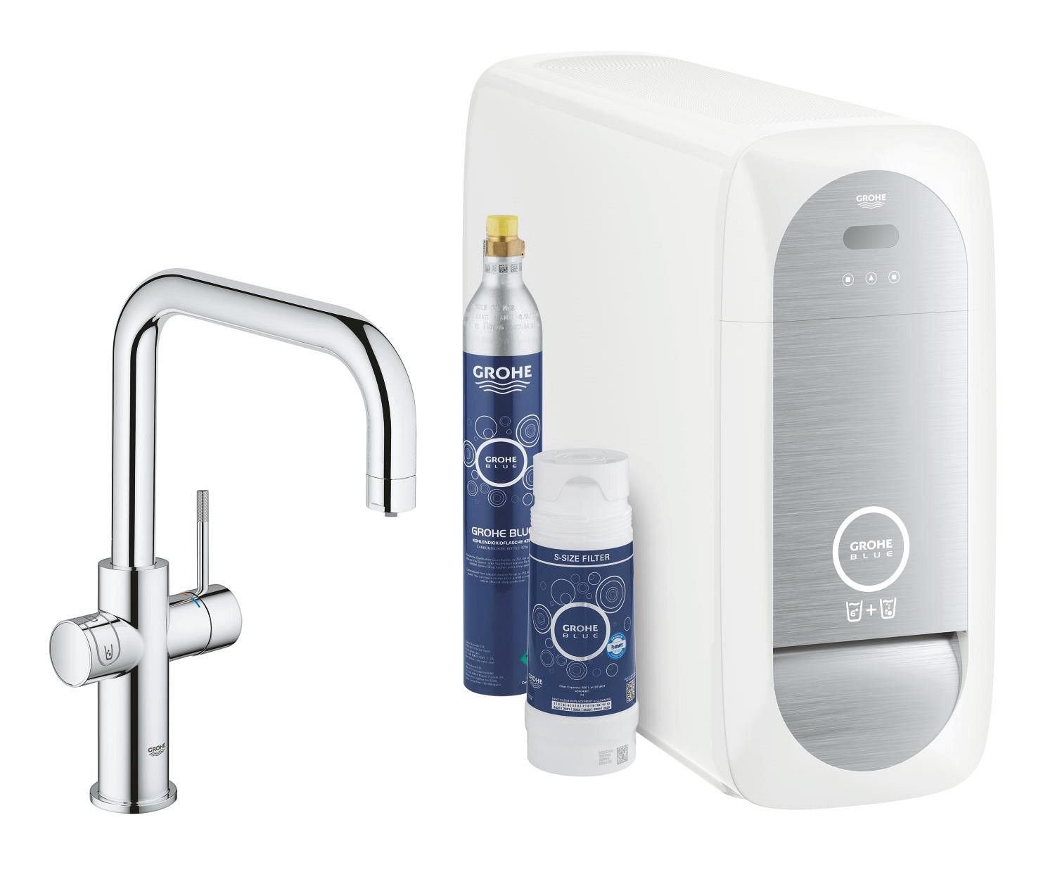 Baterie dřezová stojánková Grohe Blue Home s chladícím zařízením a filtrací, výpusť U chrom