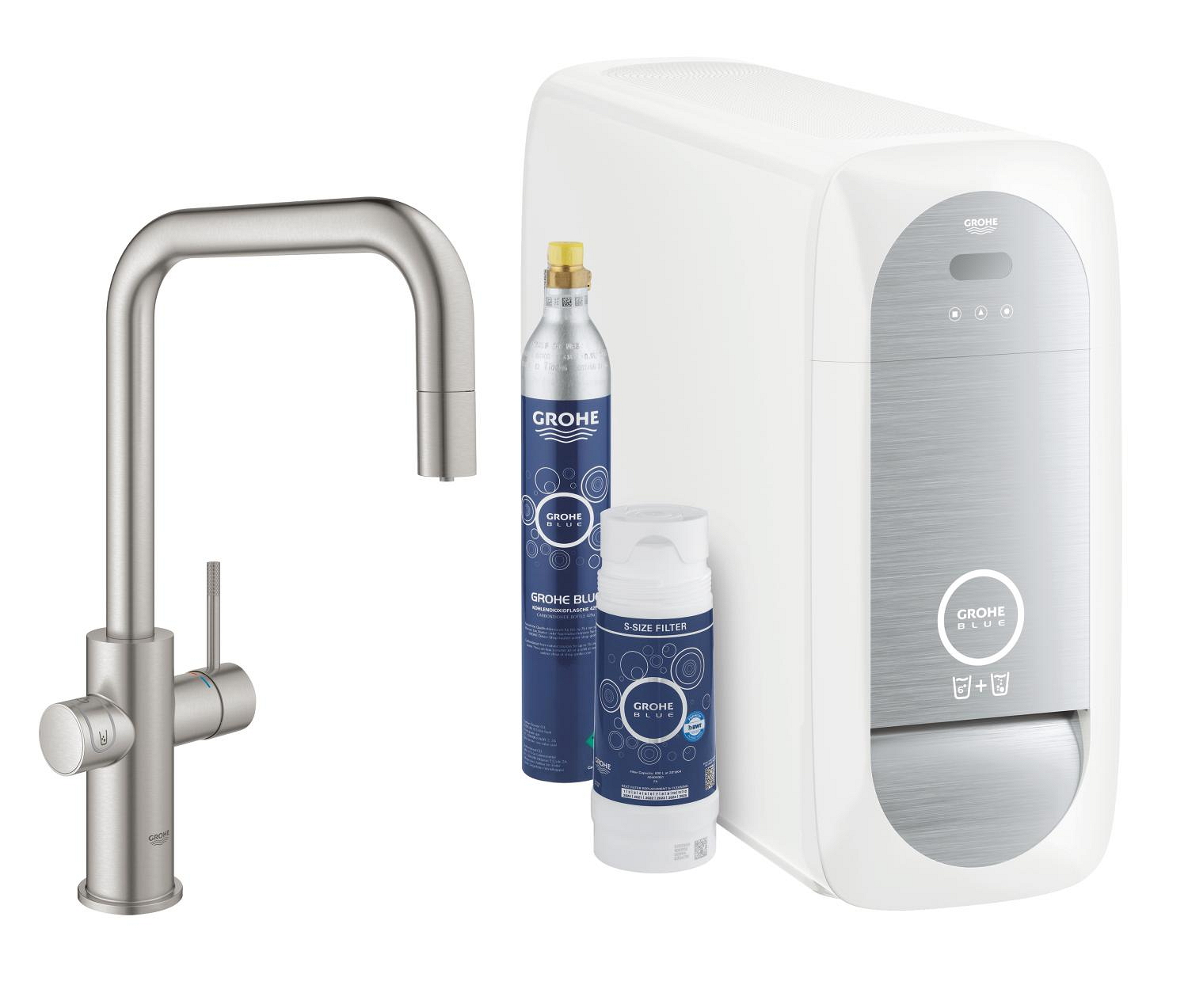 Baterie dřezová stojánková Grohe Blue Home s chladícím zařízením a filtrací, výpusť U vytahov SuperSteel