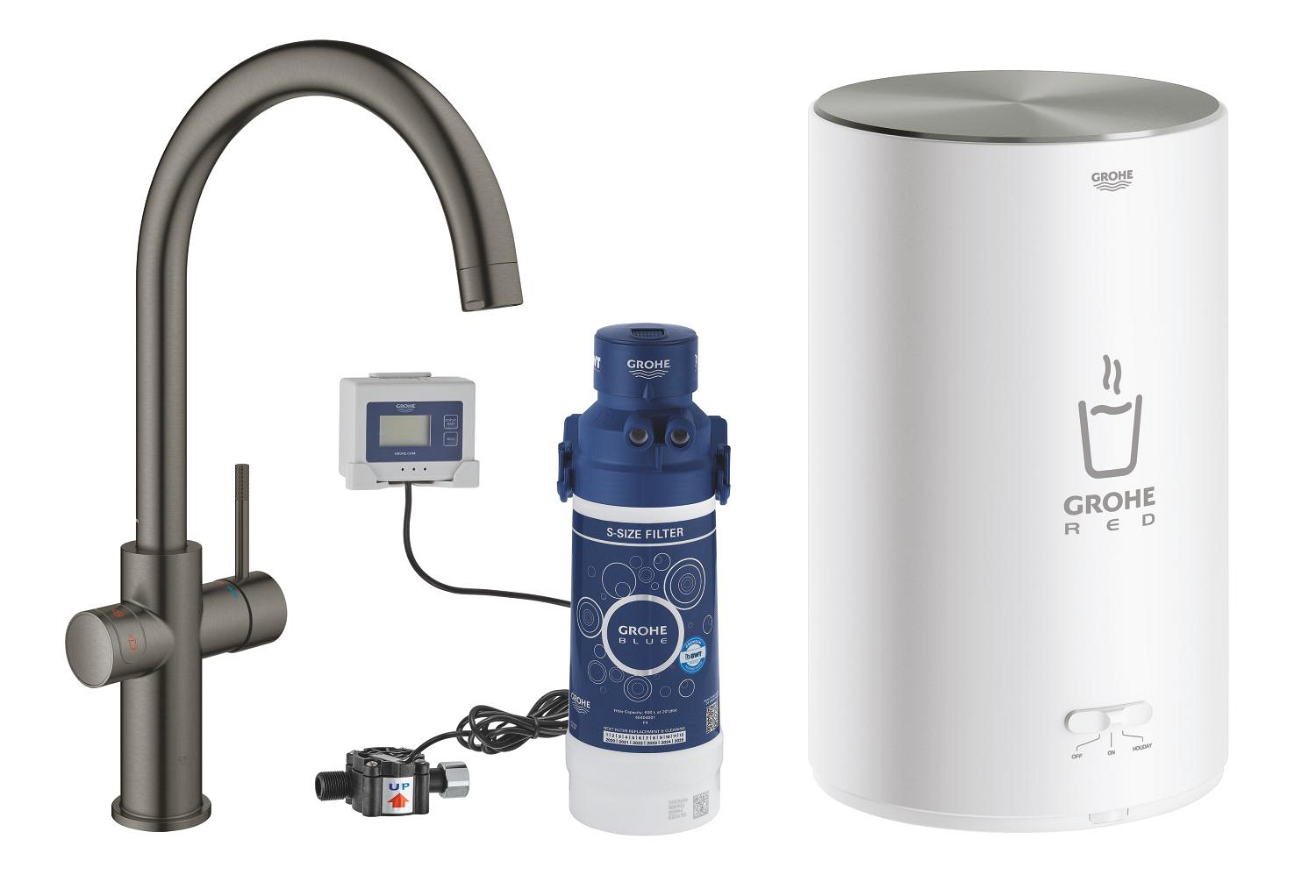 Baterie dřezová stojánková Grohe Red Duo s ohřevem vody a filtrací, C- výpusť, vel. M kartáčovaný Hard Graphite