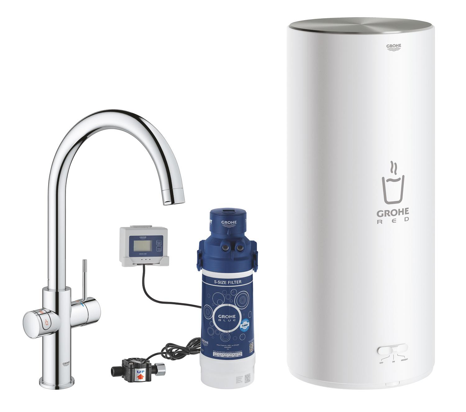 Baterie dřezová stojánková Grohe Red Duo s ohřevem vody a filtrací, C- výpusť, vel. L chrom